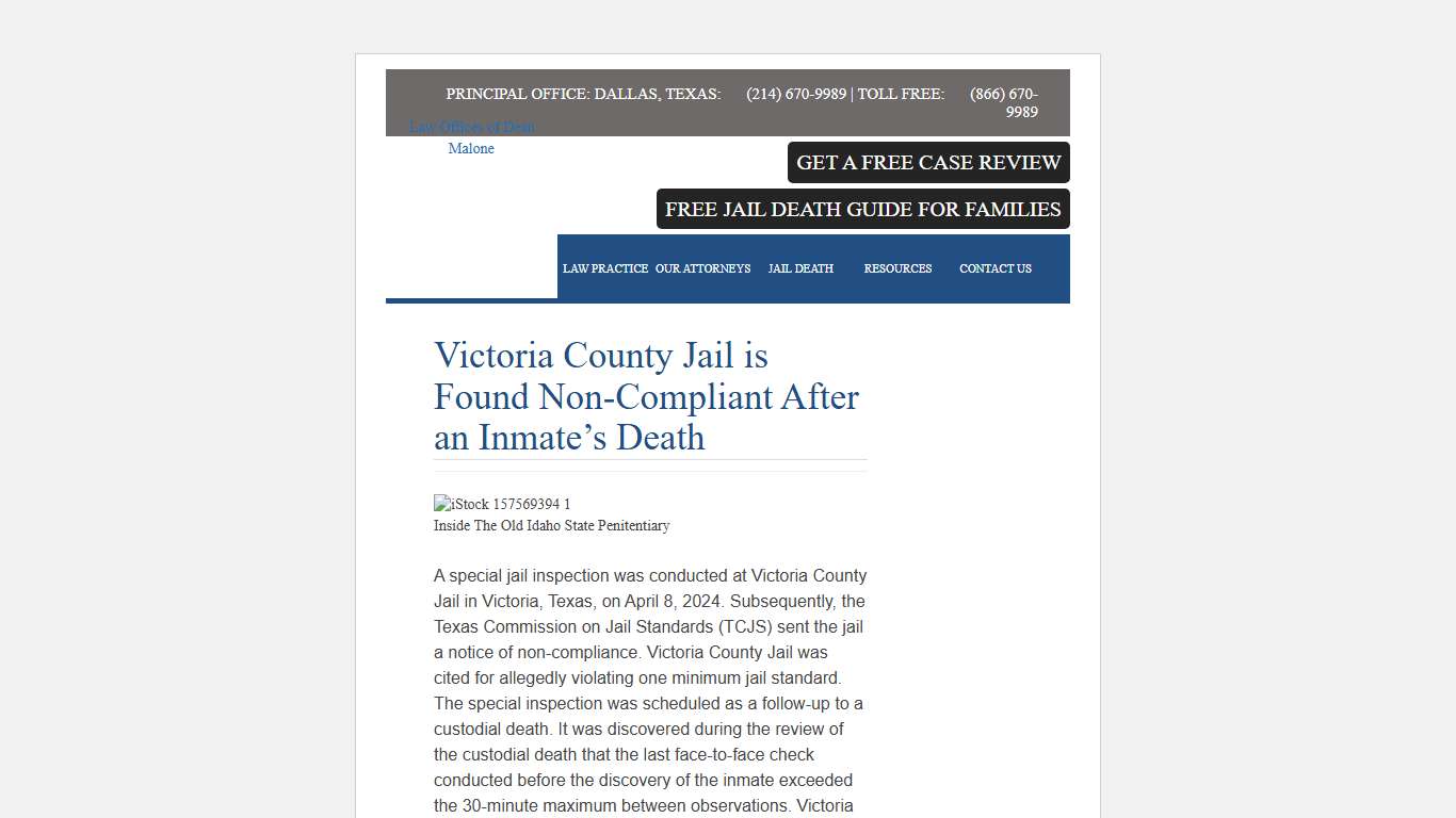 Victoria County Jail is Found Non-Compliant After an Inmate’s Death | Law Offices of Dean Malone